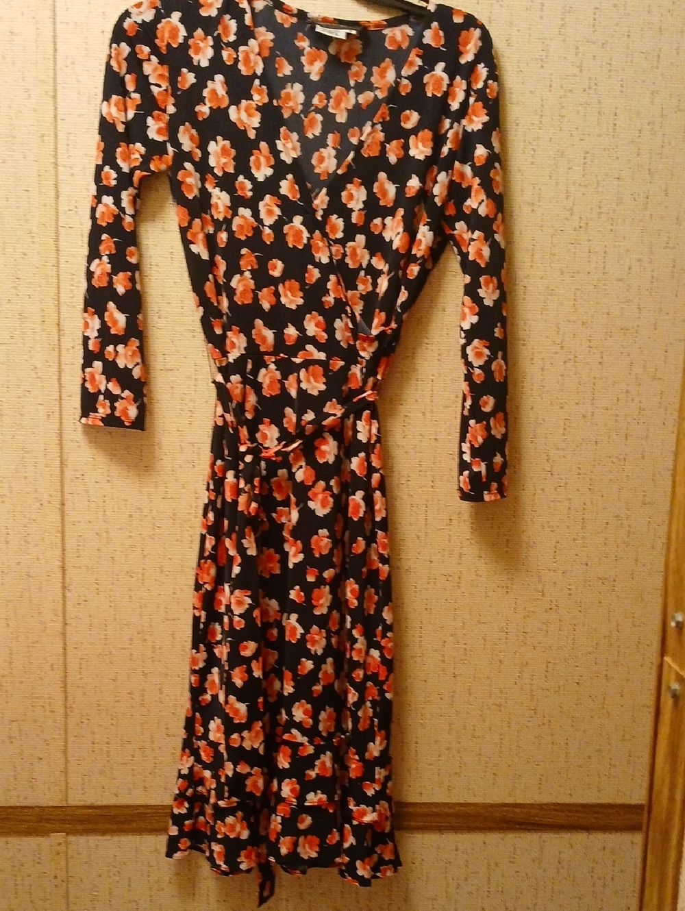 Donna Morgan Black Wrap Dress with Coral Floral Print